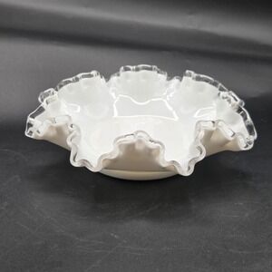 Vintage Fenton Milk Glass Silver Crest Ruffled Bowl Candy Dish